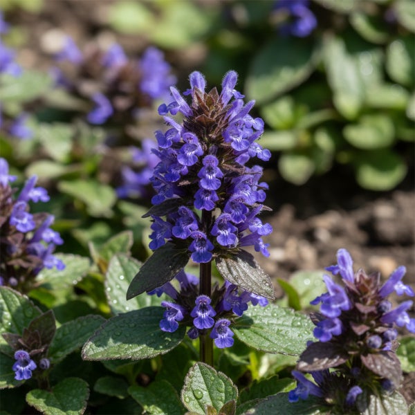Kriechender Günsel Ajuga reptans mit blauen Blütenähren.