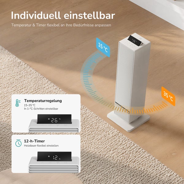 Turmheizlüfter mit einstellbarer Temperatur von 15 bis 35 Grad Celsius und 12 Stunden Timer Funktion für individuelle Heizbedürfnisse.