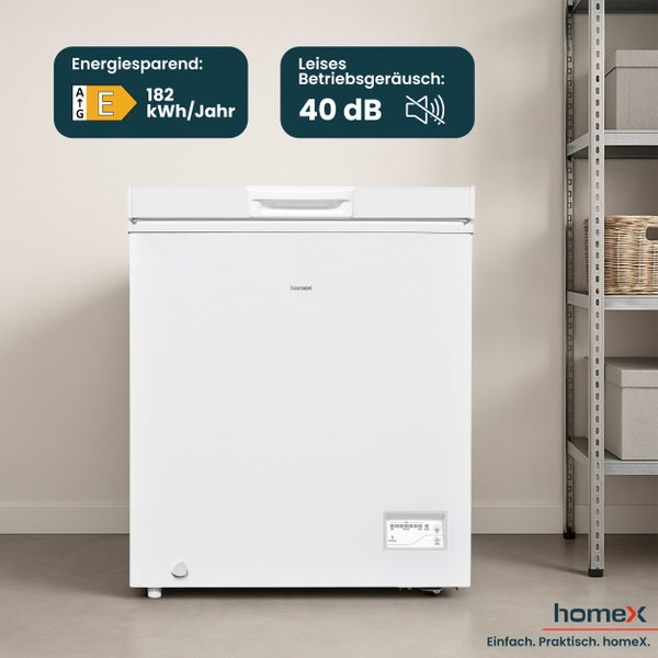 HomeX Gefriertruhe mit Energieeffizienzklasse E und leisem Betriebsgeräusch von 40 Dezibel