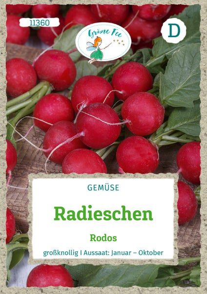 Samentüte Radieschen Rodos von Grüne Fee Logo, großknollige Sorte, Aussaat von Januar bis Oktober.