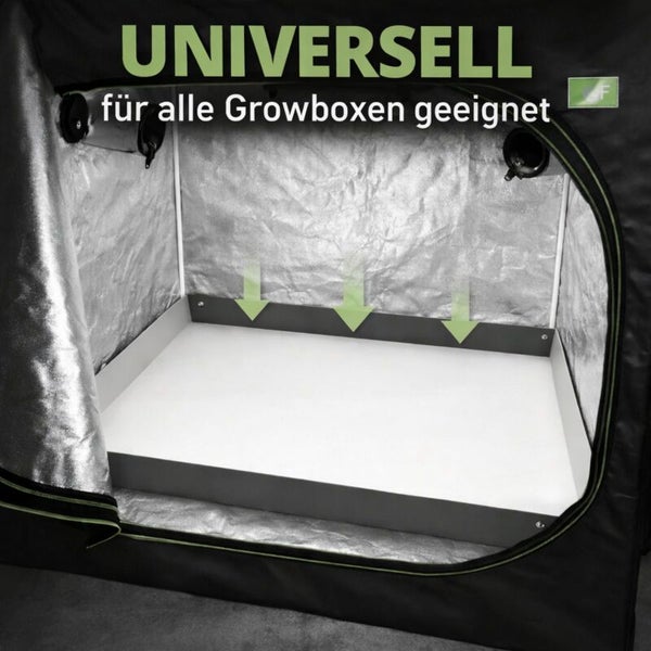 Universelle Bodenwanne für Growboxen, weiße rechteckige Einlegewanne im Innenraum eines Pflanzzeltes.