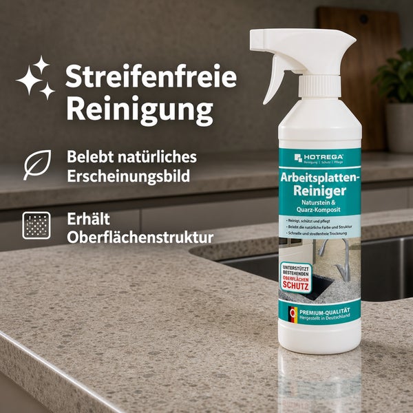 Hotrega Arbeitsplattenreiniger in Sprühflasche für Naturstein und Quarzkomposit auf einer Küchenarbeitsplatte mit Hinweisen zur streifenfreien Pflege.