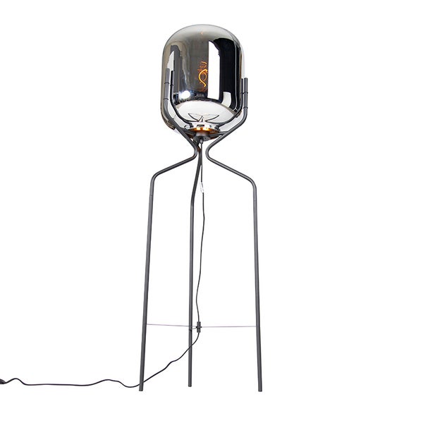 Stehlampe mit grauem Glasschirm und Metallgestell