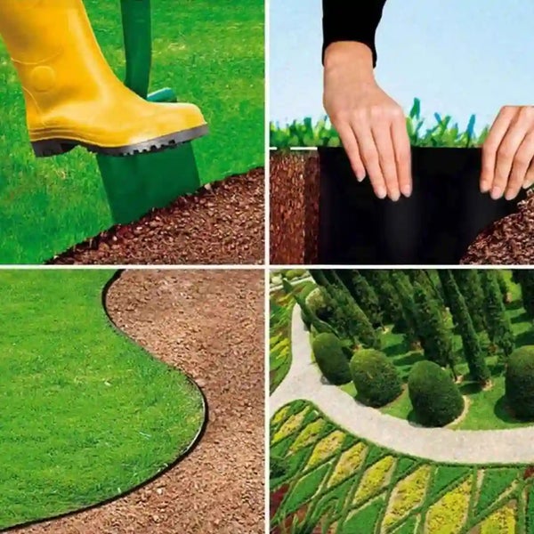 Anwendungsschritte für eine Rasenkante aus Kunststoff im Garten, inklusive Einbau und fertig gestalteter Beetumrandung.
