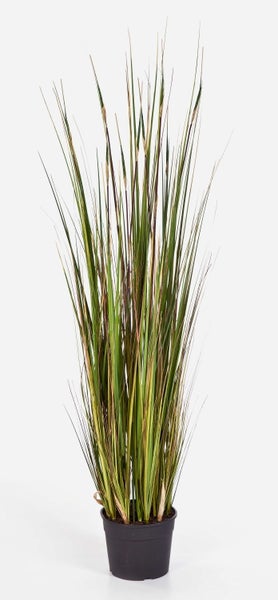 Künstliches Gras im schwarzen Kunststofftopf mit langen, schmalen Halmen in verschiedenen Grün- und Brauntönen zur Dekoration.