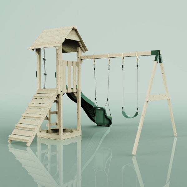 Spielturm mit Rutsche, Schaukel und Kletterseil für den Außenbereich