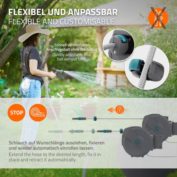 ECD Germany Schlauchaufroller 15m+1,5m, Schlauchtrommel, Wand-Schlauchbox RollUp mit Arretierstop und 9 Sprühfunktionen, 180° Schwenkbar, Automatischer Wasser Gartenschlauch-Aufroller zur Wandmontage