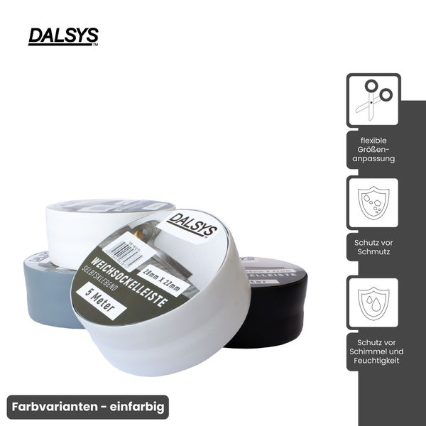 Dalsys Weichsockelleiste selbstklebend, 28 Millimeter x 22 Millimeter, 5 Meter, verschiedene Farben, flexibel, Schutz vor Schmutz und Nässe. Dalsys Logo.