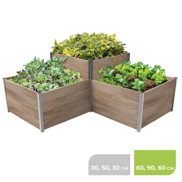 Dreiteiliges modulares Hochbeet aus Holz mit Metallecken, bepflanzt mit verschiedenen Salaten, Höhen 30 und 60 Zentimeter.