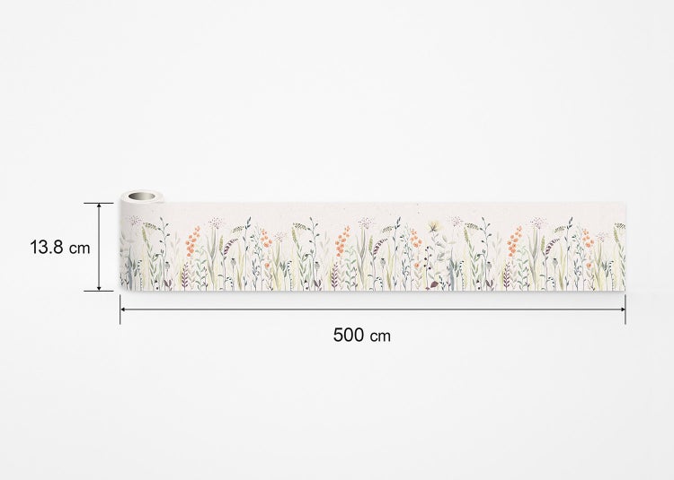Tapete mit Aquarell-Illustrationen von Wildblumen, Gräsern und Samenkapseln.