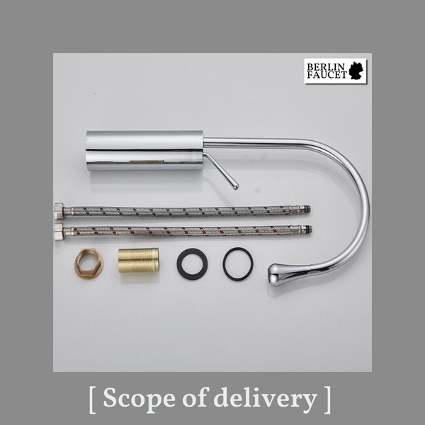 Lieferumfang einer Berlin Faucet Spültischarmatur mit flexiblen Anschlussschläuchen und Befestigungsmaterial zur Montage in der Küche.