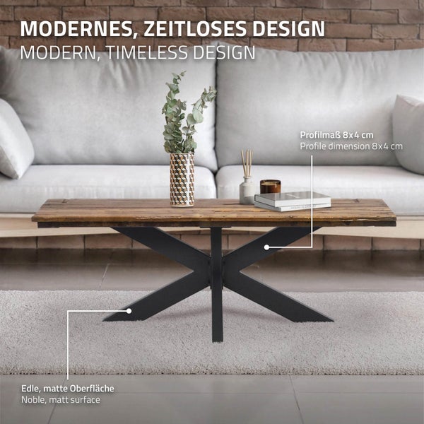 Wohnzimmerszene mit Couchtisch aus Holz und Metall im modernen Design