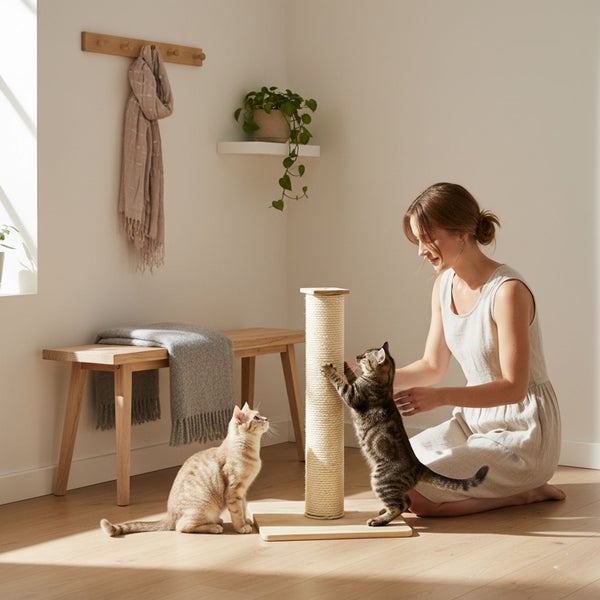 Eine Frau kniet neben einem zylindrischen Kratzstamm aus Sisal, während eine Katze daran kratzt und eine zweite Katze daneben sitzt.
