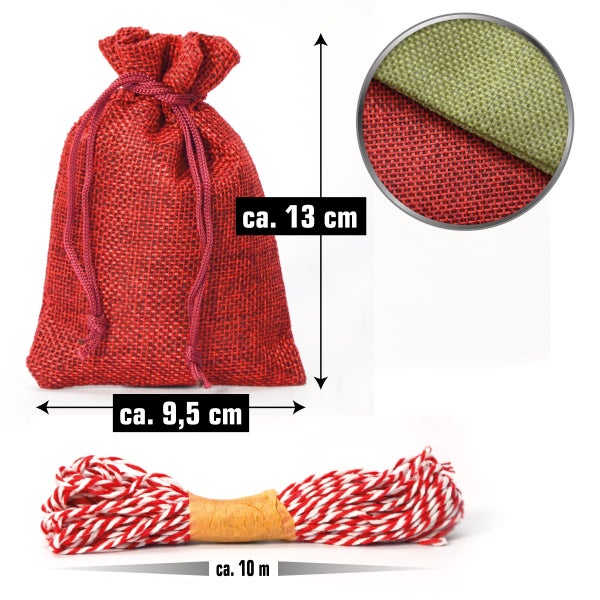 Geschenkbeutel aus Jute mit Kordelzug, circa 13 mal 9,5 Zentimeter, inklusive 10 Meter Kordel.