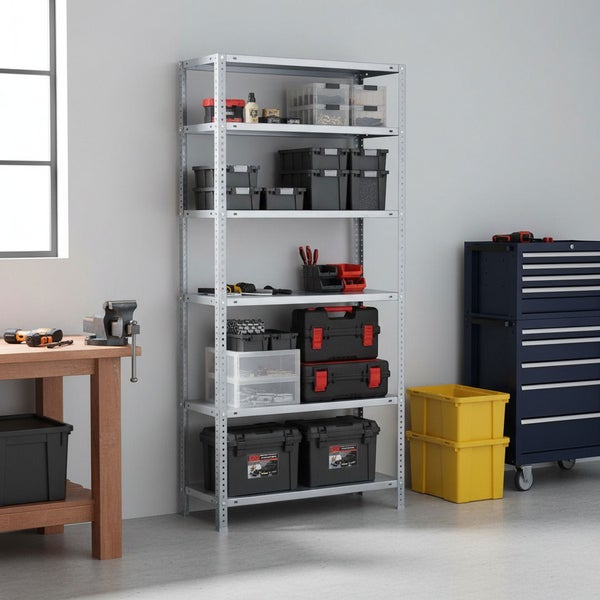 Hell gestaltete Werkstatt mit einem verzinkten Metallregal, bestückt mit Werkzeugkoffern und Boxen, neben einer Werkbank und einem Werkzeugwagen.