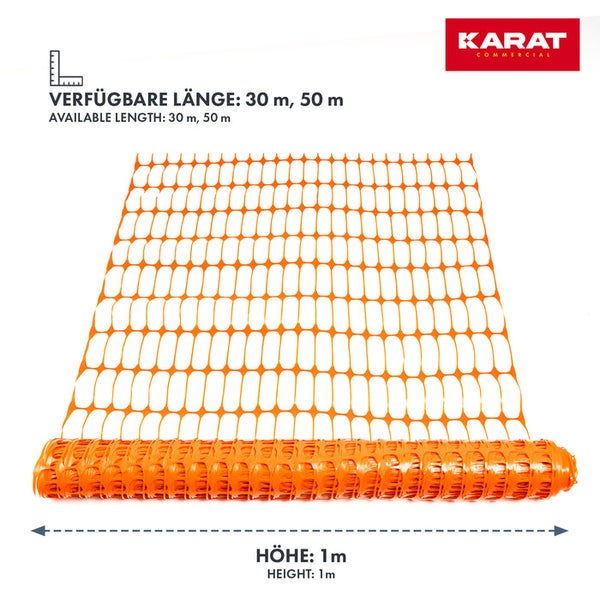 Karat Commercial Absperrzaun aus orangefarbenem Kunststoff, Höhe 1 Meter, verfügbare Längen 30 Meter und 50 Meter.