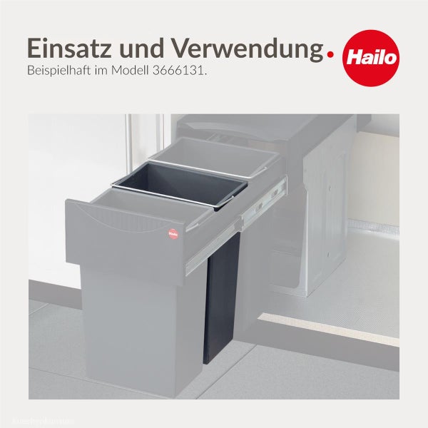 Hailo Logo, ausziehbares Mülltrennsystem für Küchenschränke mit zwei Abfallbehältern.