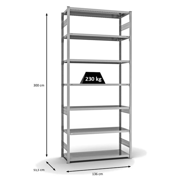 PROREGAL Fachbodenregal Stecksystem T-Profil Medium-Duty Grundregal HxBxT 300 x 130 x 50 cm 7 Ebenen Fachlast 230 kg Beidseitig Nutzbar Verzinkt