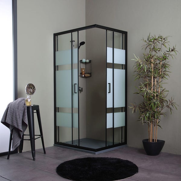 70x100 cm Duschkabine mit Eckeinstieg, Glasdekor und schwarzen Rahmen | City