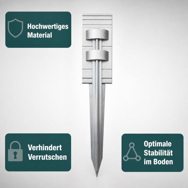 Metall Erdspieß zur Befestigung mit Merkmalen für hochwertiges Material, Rutschfestigkeit und Stabilität im Boden.