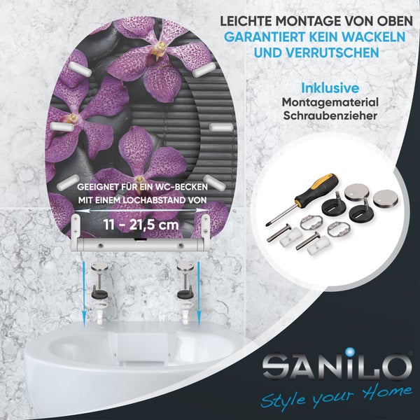 Sanilo WC Sitz mit Blumenmotiv und Montagematerial inklusive Schraubenzieher zur einfachen Befestigung von oben.