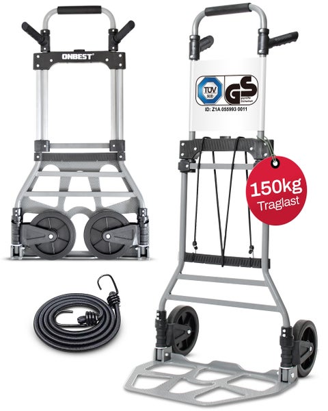 Klappbare Sackkarre von Onbest im gefalteten und ausgeklappten Zustand, 150 Kilogramm Tragkraft, Spanngummi, Onbest Logo, TÜV und GS zertifiziert.