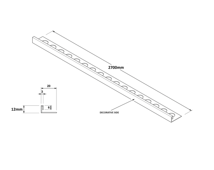 Technische Zeichnung eines Profils mit dekorativer Seite und Maßangaben in Millimetern.