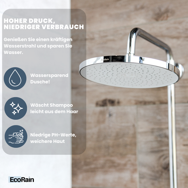 EcoRain 30% Wassersparender Regenduschkopf Matt 25 CM Rund - Hoher Wasserdruck - Universeller Anschluss - Anti-Kalk Duschkopf - Chrom