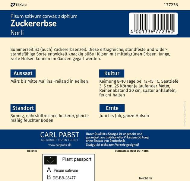 Rückseite einer Samentüte für Zuckererbse Norli mit Hinweisen zu Aussaat, Standort, Kultur und Ernte. Carl Pabst Logo und TekWest Logo.