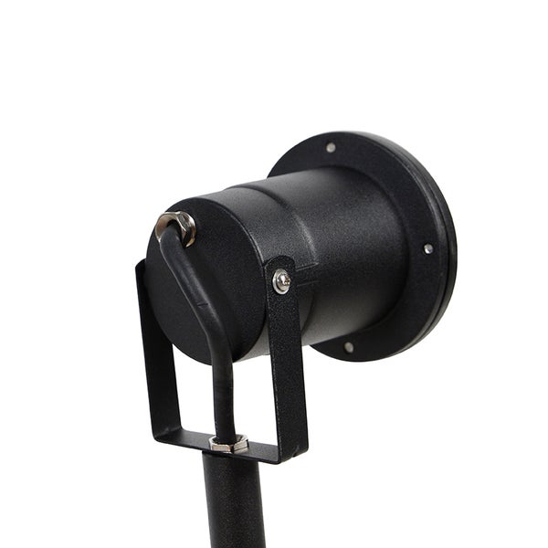 Schwarzer Gartenstrahler aus Metall mit verstellbarem Haltebügel und rückseitigem Stromkabel.