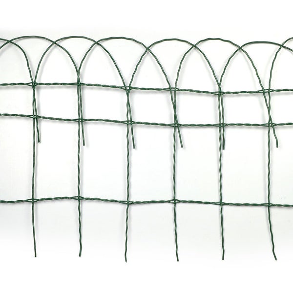 Grüner Beetzaun aus Metall mit dekorativem Bogendesign für den Garten.