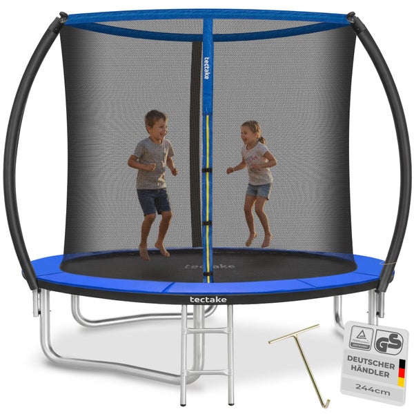 Tectake Gartentrampolin mit Sicherheitsnetz und Leiter, Durchmesser 244 Zentimeter, inklusive GS Zertifikat und Montagewerkzeug für Kinder.