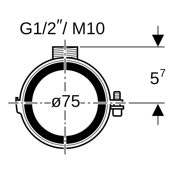 Technische Zeichnung einer Rohrschelle mit G 1/2 Zoll und M10 Gewinde sowie 75 Millimeter Durchmesser.