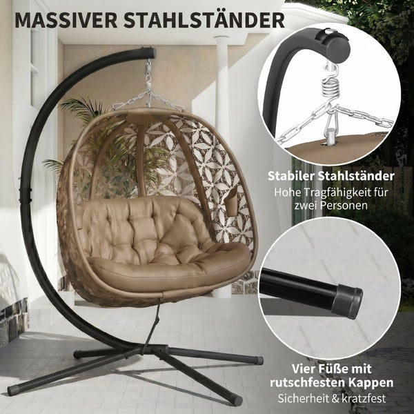 Hängesessel mit massivem Stahlständer für zwei Personen, inklusive Polster und rutschfesten Füßen, ideal für Terrasse oder Garten.