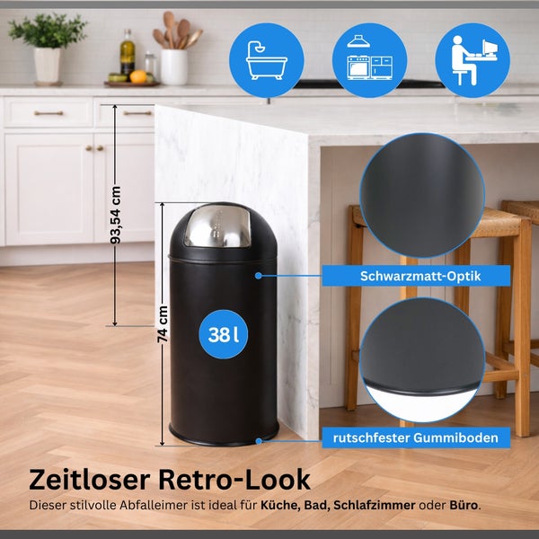Retro-Abfalleimer in Schwarzmatt-Optik, 38 Liter Fassungsvermögen, verchromter Push-Deckel und rutschfester Gummiboden, Höhe 74 Zentimeter.