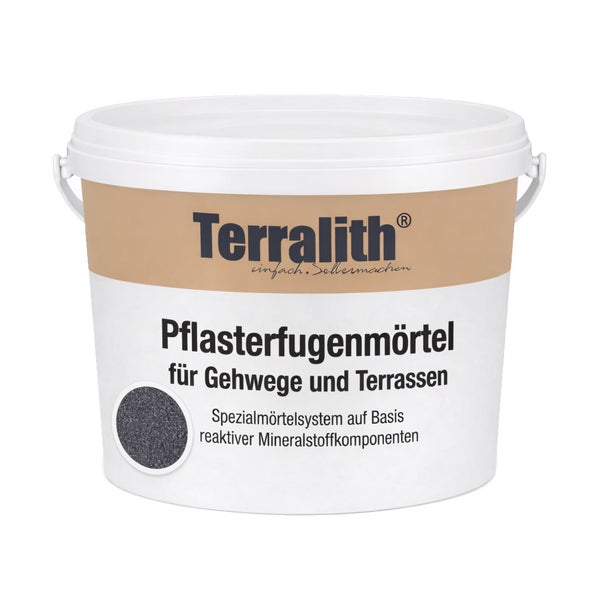 Terralith Pflasterfugenmörtel für Gehwege und Terrassen im Eimer, Spezialmörtelsystem auf Basis reaktiver Mineralstoffkomponenten.