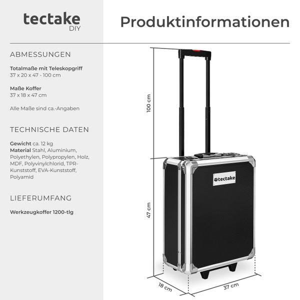 Werkzeugkoffer mit Teleskopgriff und den Maßen 37 x 20 x 47 bis 100 cm