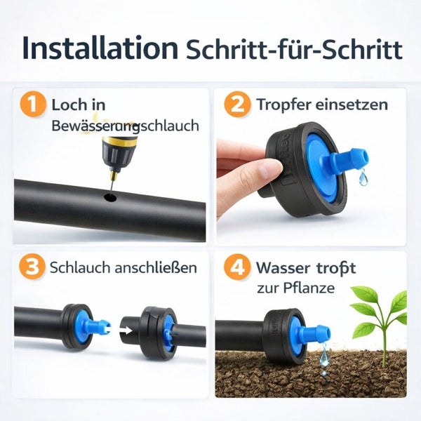 Schritt-für-Schritt-Anleitung zur Installation eines Tropfbewässerungssystems: Loch stanzen, Tropfer einsetzen, Schlauch anschließen, Bewässerung.