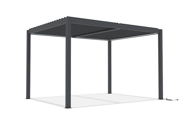 Freistehende Aluminium-Pergola mit verstellbarem Lamellendach und vier Pfosten in Dunkelgrau.