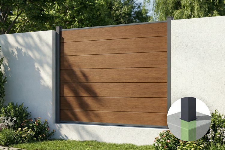 Sichtschutzzaun aus WPC mit horizontalen Lamellen in Holzoptik zwischen zwei weißen Mauerelementen im Garten.