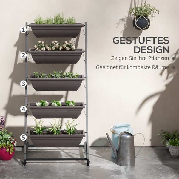 Vertikales Pflanzregal mit 5 Etagen auf Rollen, platzsparendes gestuftes Design für Pflanzen wie Kräuter und Blumen.
