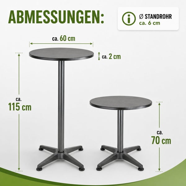 Maßskizze von zwei runden Steh- und Bistrotischen mit Standrohrdurchmesser circa 6 Zentimeter, Tischplattenstärke 2 Zentimeter und Höhen.