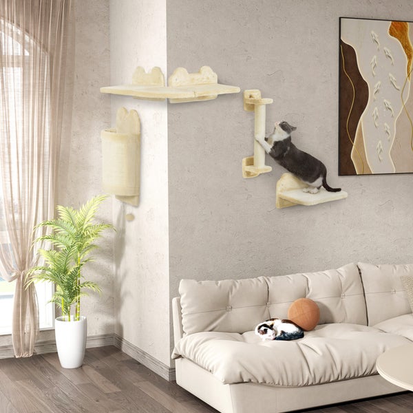 PawHut Katzen Kletterwand Set, 4-teilig Katzenmöbel Kletterwand Katzen mit Sitzplattform, Eckplattform, Spielball und Bogen-Kratzbrett, Katzen-Wandmöbel für Katzen bis 5 kg, Beige