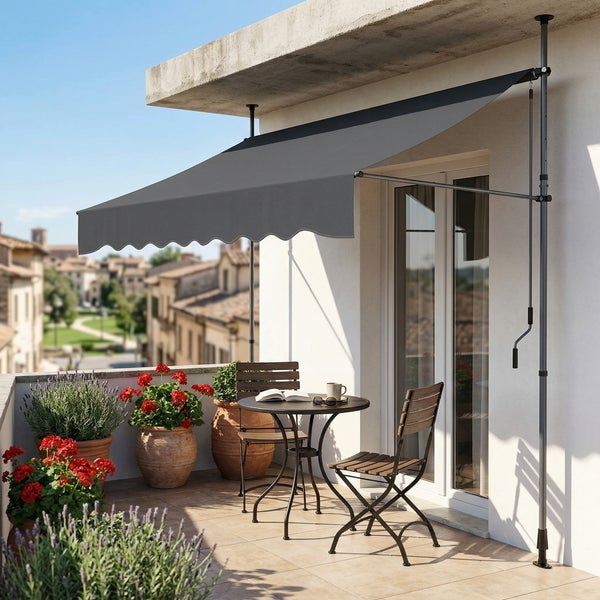 Individuell anpassbare Klemmmarkise mit Breite 300 Zentimeter, Ausfall 120 Zentimeter und einer Höhe von 210 bis 297 Zentimeter.