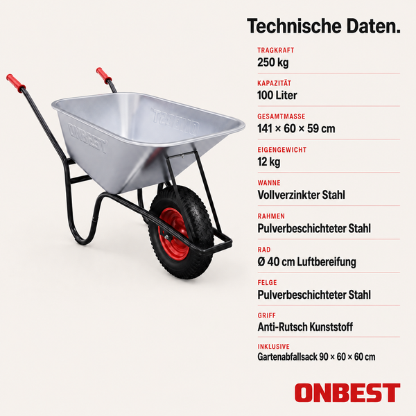 Schubkarre aus verzinktem Stahl mit 100 Liter Fassungsvermögen, 250 Kilogramm Tragkraft und technischer Datentabelle von ONBEST.