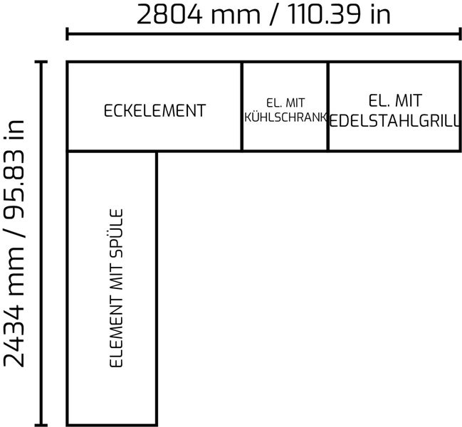 Grundriss einer Küchenzeile mit Eckelement, Spülenelement, Kühlschrankelement und Edelstahlelement mit Grill