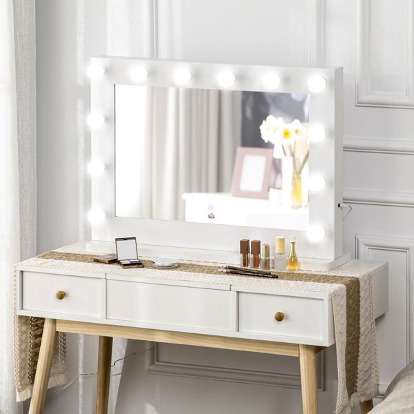 HOMCOM Hollywood Spiegel mit Beleuchtung, Schminkspiegel mit Touchschalter, Kosmetikspiegel mit 12 Dimmbare LED Lampen, 80 x 60 cm Make Up Spiegel mit Memoryfunktion, Weiß