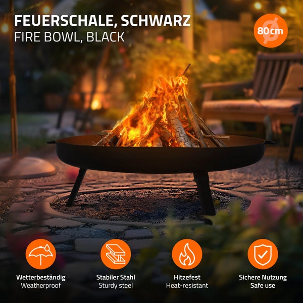 ECD Germany Feuerschale Ø80 x 29 cm mit 3 klappbaren Füßen, Dreibein Feuerstelle für den Garten, Stahl Feuerkorb rund mit 2 Griffen & 2 Entwässerungslöcher, Outdoor Eisenschale Feuertonne BBQ Camping