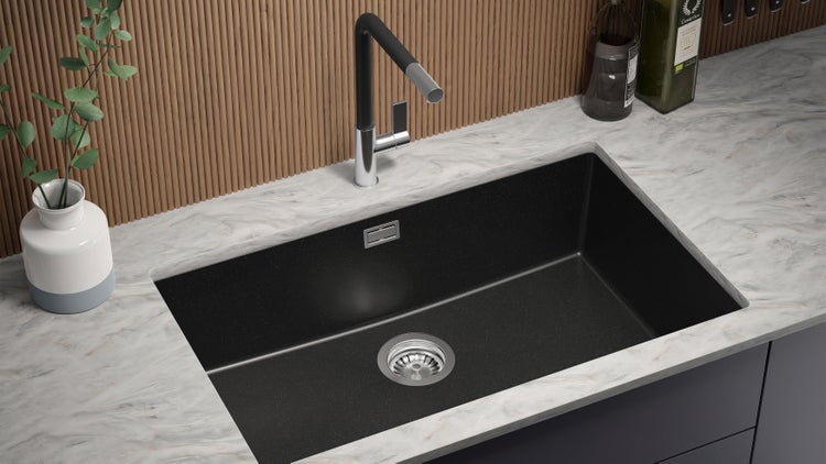 PRIMAGRAN Unterbauspüle Granit Alles Schwarz 76x47cm, Spülbecken 1 Becken + Küchenarmatur 40x20cm + Ablauf-Set, Granitspüle ab 80er Unterschrank - London