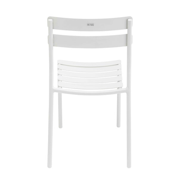 Weißer Gartenstuhl aus Metall mit Lattenrücken und Latten-Sitzfläche, Rückansicht mit Oviala Logo.